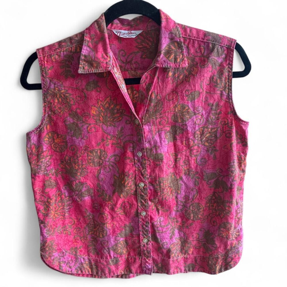 VTG 60s 70s Gordon Peters Man Tailored Sleeveless Pink Batik Blouse Top 15/36